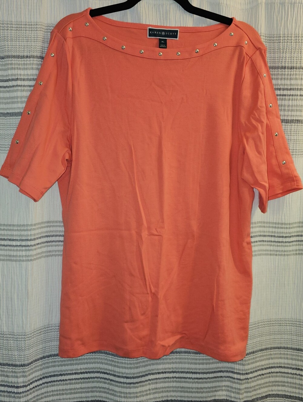 Karen Scott Coral Studded Boatneck Women's Top